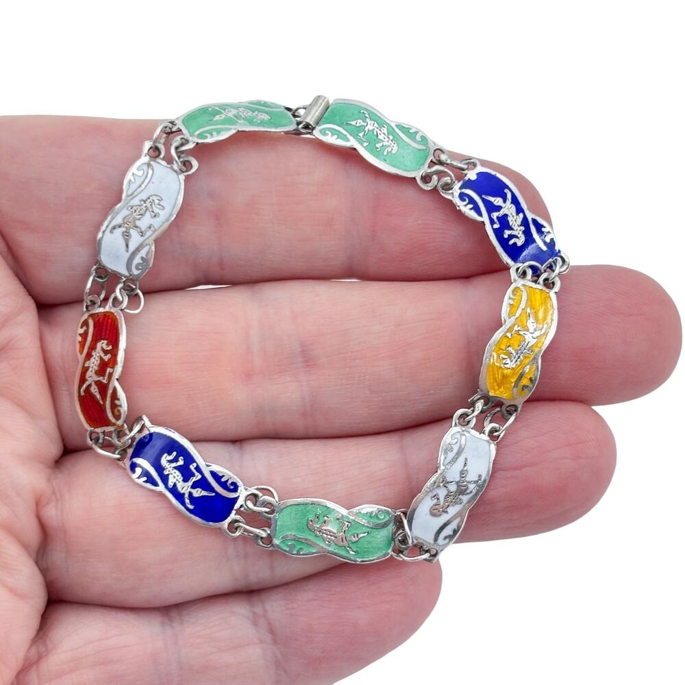 Vintage Sterling Silver 925 Thai Dancer Enamel Bracelet 7.25"